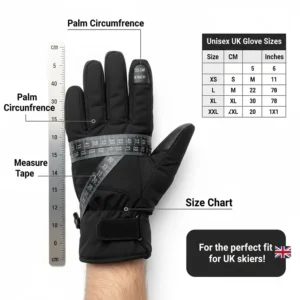 An illustrated guide showing how to measure hand circumference in centimetres to find the correct heated glove size for UK skiers.