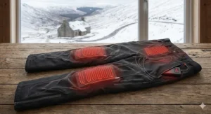 Close-up diagram showing the placement of carbon fibre heating zones in heated trousers for skiing.