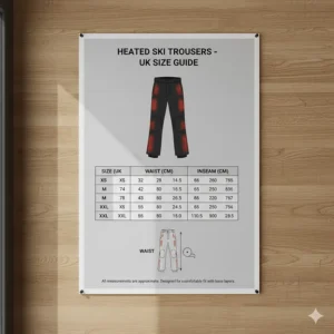 A size chart for heated trousers for skiing with measurements in centimetres for UK customers.