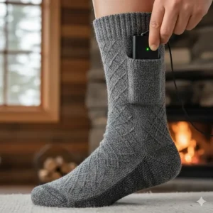 A compact rechargeable battery pack tucked into the calf pocket of a thick thermal sock.