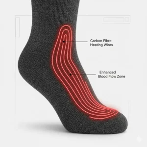 Detailed illustration showing carbon fibre heating wires positioned around the toes and sole of a heated sock to improve blood flow.