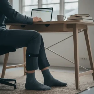 Someone working from a home office in the UK wearing slim-fit heated socks under trousers to keep feet warm.