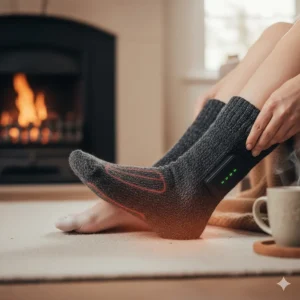 An illustrative photo of a person experiencing relief from Raynaud's symptoms by using battery-powered heated socks indoors.