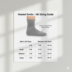 A clear size guide showing UK shoe sizes for men and women to ensure a snug fit for optimal heat transfer.