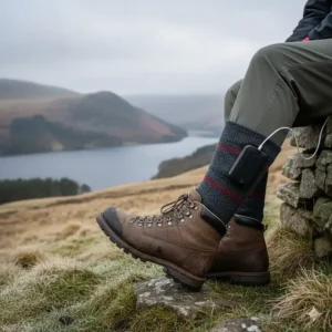 A hiker sitting on a stone wall in the Lake District, wearing heated socks with sturdy walking boots to manage poor circulation in cold weather.