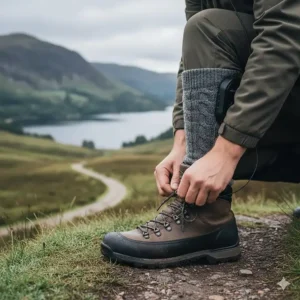 A hiker lacing up waterproof boots over electric heated socks before a walk in the Peak District.