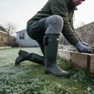 A person wearing green Wellington boots and heated socks while gardening on a frosty British morning.