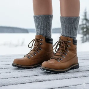 A pair of heated socks worn inside sturdy waterproof winter boots on a snowy surface.