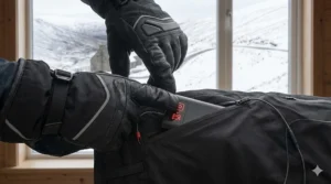 A hand adjusting the temperature settings on a discreet battery pack for heated ski trousers.