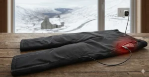 A pair of heated skiing trousers being charged via a USB cable before a trip to the mountains.