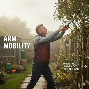 A person wearing a heated gilet while working outdoors, demonstrating the freedom of movement for the arms and shoulders.