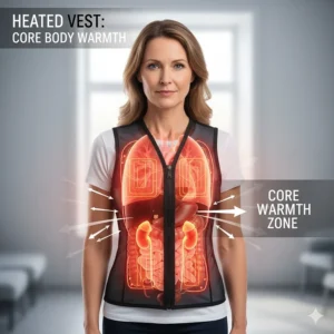 A detailed diagram illustrating how a heated vest focuses heat on the chest and back to maintain core body temperature in cold weather.