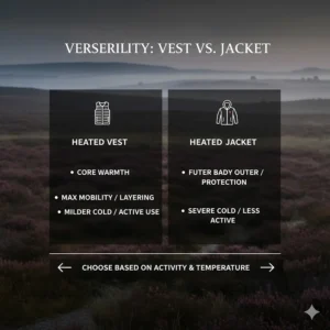 An infographic comparing the benefits of heated vests versus jackets for various UK outdoor activities like commuting and hiking.