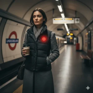 A woman staying warm in a heated vest while waiting on a cold outdoor train platform in London.