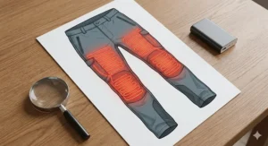 Technical diagram showing the carbon fibre heating zones in the thighs and knees of heated walking trousers.