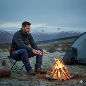 A person sitting by a campfire in the UK highlands wearing insulated heated walking trousers for winter warmth.