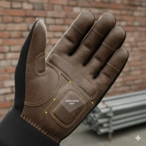 Close-up photorealistic illustration of reinforced leather palms on heated work gloves for handling scaffolding and bricks.
