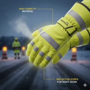 High-visibility yellow heated work gloves with reflective strips, suitable for nighttime utility work and rail site safety.