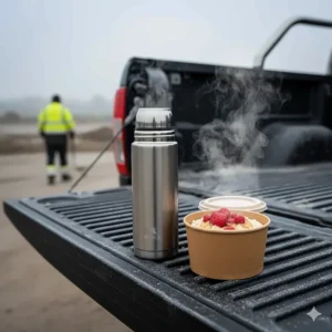 A steaming silver thermos flask and a bowl of porridge with berries sitting on the tailgate of a pickup truck during a winter work break.