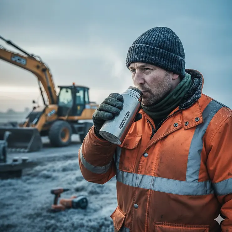 A British tradesperson in a high-visibility thermal jacket and woolly hat drinking from a stainless steel thermos flask on a frosty outdoor construction site. how to stay warm working outside in winter