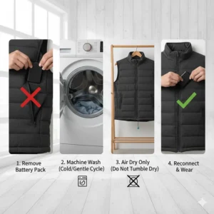 An instructional graphic showing the four steps to safely wash heated clothing, including removing the battery pack and air drying.