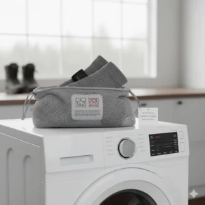 A laundry bag containing heated socks next to a washing machine, illustrating safe care and maintenance.