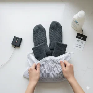 An illustration demonstrating how to remove the battery and use a mesh laundry bag to safely machine wash heated socks.