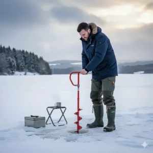 An ice auger drilling a hole in the ice with a fisherman standing nearby in thermal heated clothing.