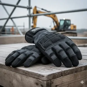 Heavy-duty black and grey insulated work gloves with reinforced grips resting on a frost-covered timber plank.