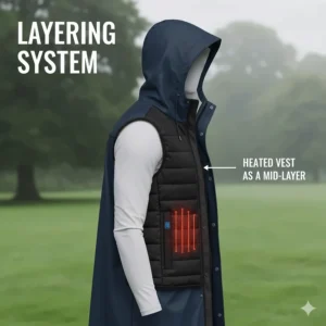 A guide to the British layering system showing a slimline heated vest worn as a mid-layer under a waterproof raincoat.