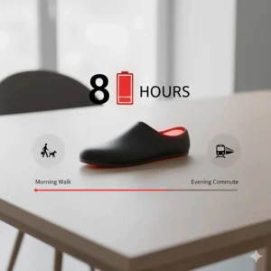 An infographic showing the 8-hour battery life of heated insoles for winter, ideal for long outdoor shifts.