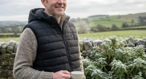A man wearing a quilted black heated gilet layered over a thick woollen jumper while holding a steaming mug in a frost-covered English garden.