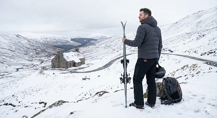 A skier wearing black battery-heated trousers while standing on a snowy mountain ridge in the Alps. heated trousers for skiing
