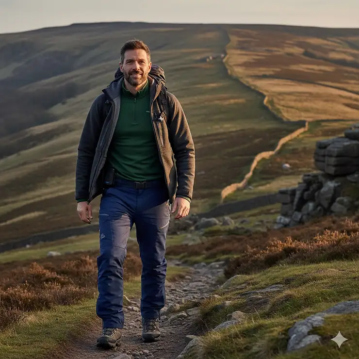 A man hiking in the Peak District wearing navy blue heated walking trousers with a thermal base layer. heated walking trousers