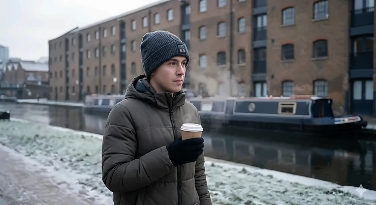 A person wearing a black heated beanie hat while walking through a frosty British park in winter. heated beanie hat