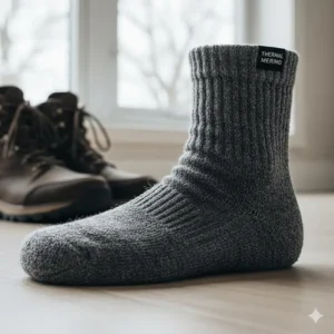 Detail of the breathable merino wool blend and reinforced heel of a high-performance heated sock.