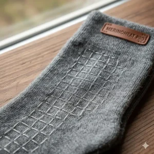 Close-up of breathable merino wool fabric and integrated heating wires in a pair of premium heated socks.