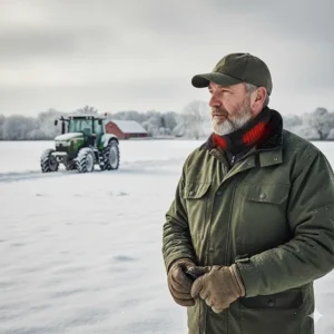 A British farmer in a green wax jacket and flat cap wearing a heated neck gaiter while standing in a snow-covered field with a tractor in the background.