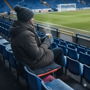 A portable heated seat pad being used on a cold stadium seat during a football match, providing warmth for UK sports fans.