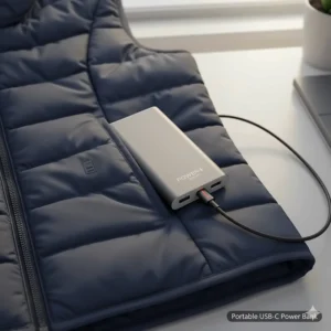 Close-up of a slimline battery pack connecting to a lightweight women's heated waistcoat via a USB port.