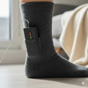 A close-up of a slim lithium-ion battery pack tucked into a sock pouch, showing three heat settings for customisable warmth.