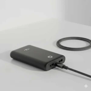 A compact black rechargeable battery pack with a digital power display connected to a braided USB charging cable on a clean surface.