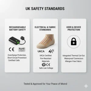 Close-up of the control module and safety-tested components of a high-quality battery heated sock.
