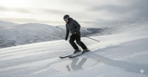 An intermediate skier carving down a groomed piste wearing thermal heated trousers for all-day warmth.