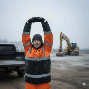 A British construction worker in full thermal high-vis gear performing overhead stretches to improve circulation on a cold, foggy site.