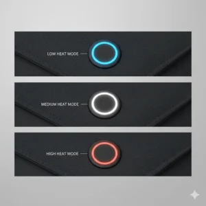 A close-up of the heating control interface on the fabric showing three circular LED indicators for low, medium, and high heat settings in blue, white, and red.