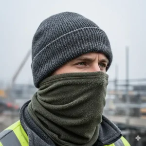 A close-up of a worker wearing a grey ribbed woolly hat and a thick olive-green fleece neck snood to retain body heat.