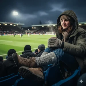 A spectator at a cold outdoor football stadium wearing heated thermal socks to prevent Raynaud's flare-ups.