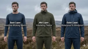 A diagram showing the three-layer rule for outdoor work: a moisture-wicking merino base layer, an insulating fleece mid-layer, and a waterproof outer shell.
