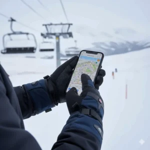 A skier using a smartphone with heated gloves on to check a weather app or resort map while sitting at a ski lift.